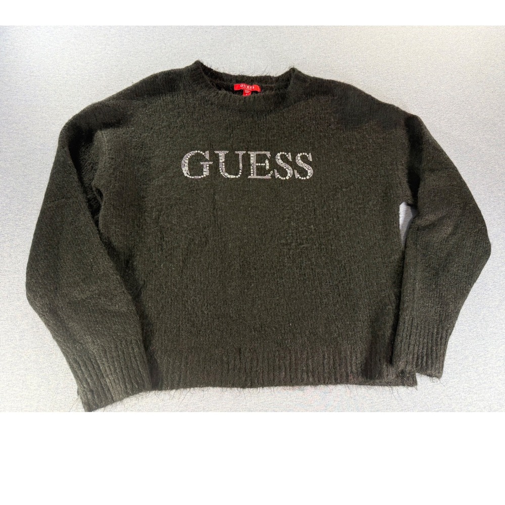 Guess Los Angeles Rhinestone Logo Fuzzy Knit Sweater Charcoal Grey Q3RR22 S